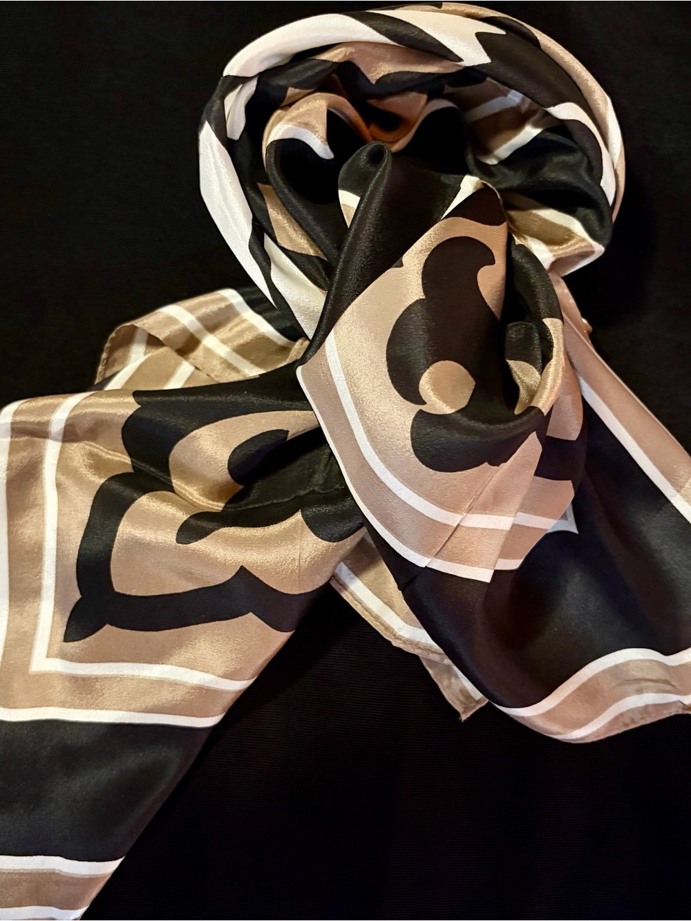 Silk Elegant Black and Champagne Patterned Women's Scarf